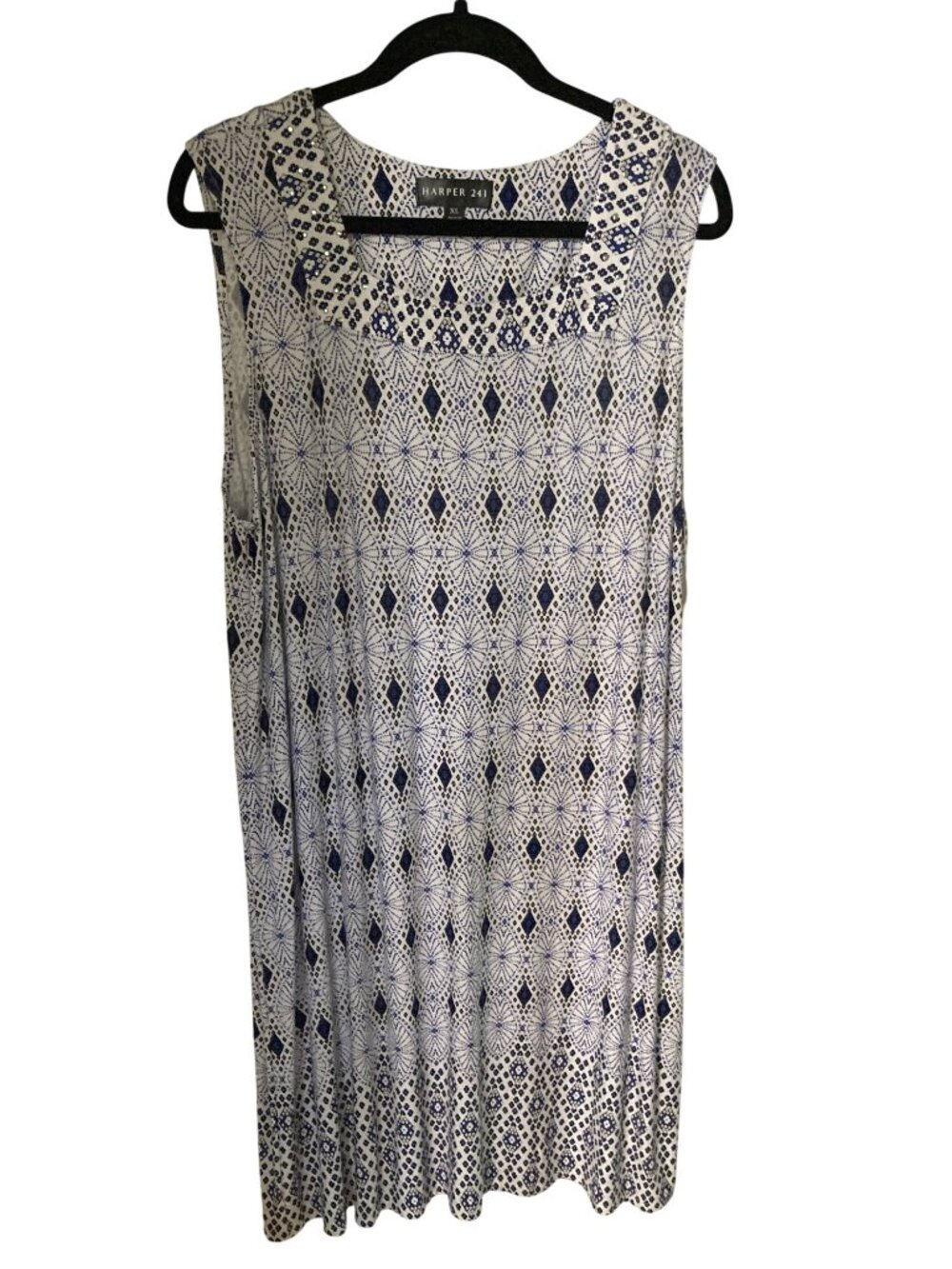 Harper 241 Summer Blue White Print Shift Sleeveless Dress Rhinestone  XL